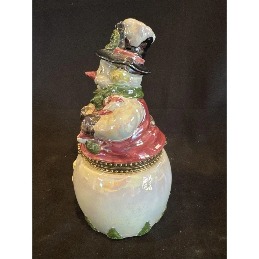 Ceramic Snowman Trinket Box Candy Dish Christmas Holiday Hinged 7.5